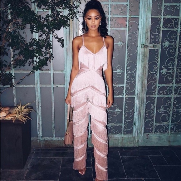 Limited edition HOUSE OF CB ‘Marcella’ Pink Fabulous Fringe Sheer Jumpsuit NWOT - Picture 3 of 14